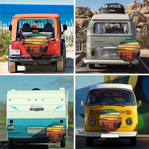 أغطية الإطارات الاحتياطية للمقطورات إطارات غابة غروب الشمس الرجعية للسيارات مقاومة للطقس والغبار عالمية لمقطورة سيارات الدفع الرباعي ومخيم السفر 12 بوصة 13 بوصة 14 بوصة 15 بوصة 16 بوصة 17 بوصة in Kuwait