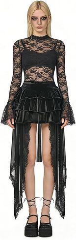 Women's Victorian Gothic Lace High-Low Skirts Lolita Layered High-Waisted A-Line Tulle Bustle Skirt for Halloween Party in Saudi Arabia