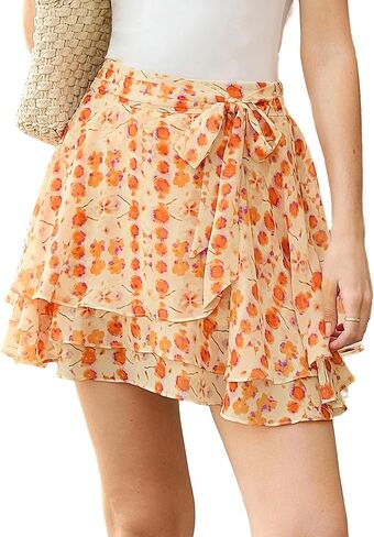 Belle Poque Women's Flowy Ruffle Mini Skirt with Shorts Underneath Elastic Waist Boho Skirt Floral Mini Skirt Summer Trendy in Saudi Arabia