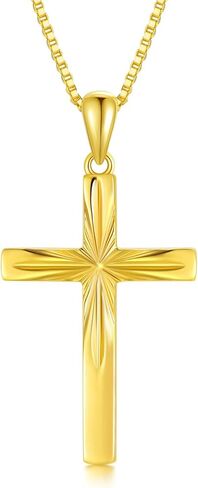 14K Solid Gold Cross Necklace With Durable Box Chain, Yellow Gold Luster Italian Crucifix Necklace Religious Blessed Jewelry Gift for Women, Mom, Wife, Sister 18" in Saudi Arabia