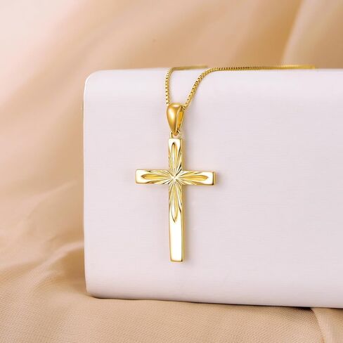14K Solid Gold Cross Necklace With Durable Box Chain, Yellow Gold Luster Italian Crucifix Necklace Religious Blessed Jewelry Gift for Women, Mom, Wife, Sister 18" in Saudi Arabia