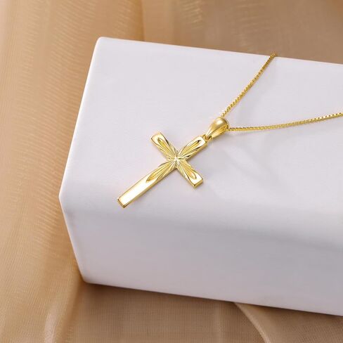 14K Solid Gold Cross Necklace With Durable Box Chain, Yellow Gold Luster Italian Crucifix Necklace Religious Blessed Jewelry Gift for Women, Mom, Wife, Sister 18" in Saudi Arabia