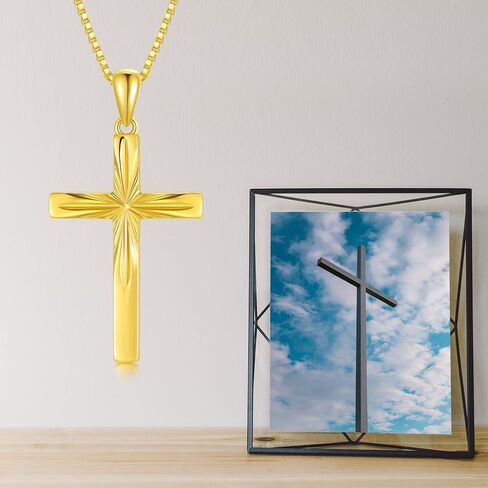 14K Solid Gold Cross Necklace With Durable Box Chain, Yellow Gold Luster Italian Crucifix Necklace Religious Blessed Jewelry Gift for Women, Mom, Wife, Sister 18" in Saudi Arabia