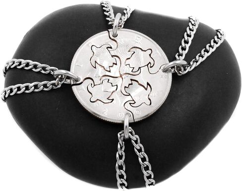 4 قطع من قلادات السلحفاة، قلائد أفضل الأصدقاء أو العائلة، هدايا BFF لـ 4 أشخاص، السلاحف البحرية المتشابكة، عملة مقطوعة يدويًا، من NameCoins in Kuwait