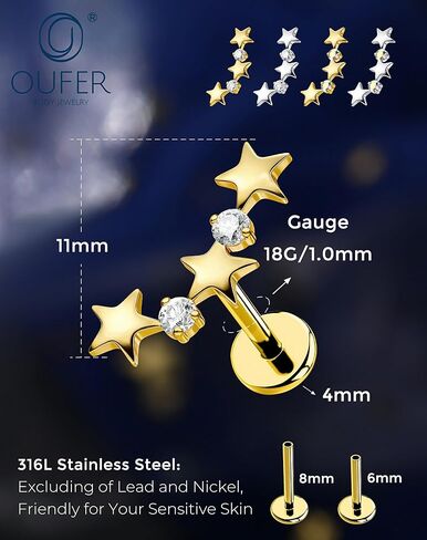Star Helix Piercing Jewelry 18G Helix Earrings for Women 318L Stainless Steel Internally Thread Conch Helix Stud Flat Back Cartilage Earring for Women in Saudi Arabia