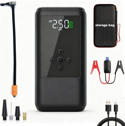 القفز للمبتدئين مع ضاغط الهواء | منفاخ إطارات السيارة المحمول بقوة 250 رطل لكل بوصة مربعة، مع صندوق قفز ليثيوم فائق الأمان 12 فولت لبطارية السيارة (10.0 غاز/6.5 لتر ديزل) in Kuwait