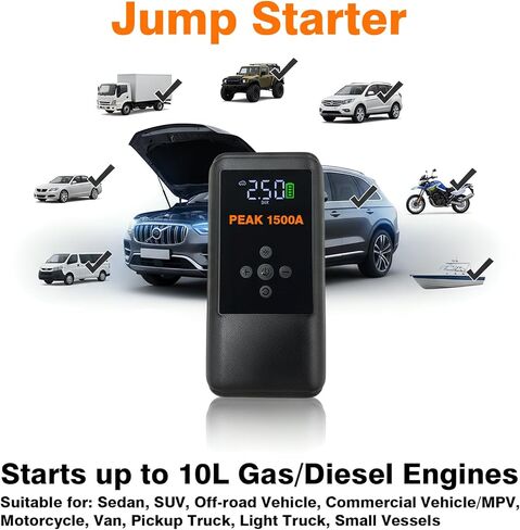 القفز للمبتدئين مع ضاغط الهواء | منفاخ إطارات السيارة المحمول بقوة 250 رطل لكل بوصة مربعة، مع صندوق قفز ليثيوم فائق الأمان 12 فولت لبطارية السيارة (10.0 غاز/6.5 لتر ديزل) in Kuwait