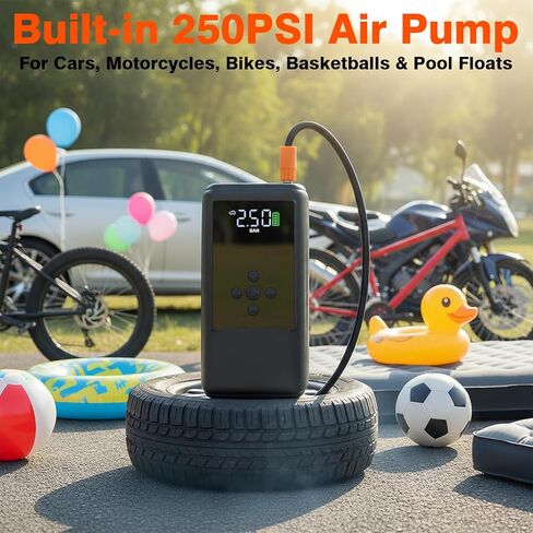 القفز للمبتدئين مع ضاغط الهواء | منفاخ إطارات السيارة المحمول بقوة 250 رطل لكل بوصة مربعة، مع صندوق قفز ليثيوم فائق الأمان 12 فولت لبطارية السيارة (10.0 غاز/6.5 لتر ديزل) in Kuwait