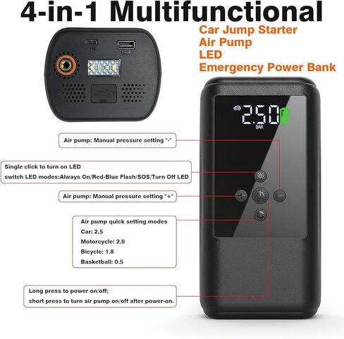 القفز للمبتدئين مع ضاغط الهواء | منفاخ إطارات السيارة المحمول بقوة 250 رطل لكل بوصة مربعة، مع صندوق قفز ليثيوم فائق الأمان 12 فولت لبطارية السيارة (10.0 غاز/6.5 لتر ديزل) in Kuwait