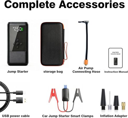 القفز للمبتدئين مع ضاغط الهواء | منفاخ إطارات السيارة المحمول بقوة 250 رطل لكل بوصة مربعة، مع صندوق قفز ليثيوم فائق الأمان 12 فولت لبطارية السيارة (10.0 غاز/6.5 لتر ديزل) in Kuwait