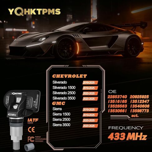 مستشعر مراقبة ضغط الإطارات المبرمج مسبقًا لشاحنات TPMS GM متوافق مع شيفروليه سيلفرادو 1500/2500/3500(19-25)|GMC Sierra1500/2500/3500(19-25)، OE:13598773 (مجموعة من 4) 433 ميجاهرتز in Kuwait