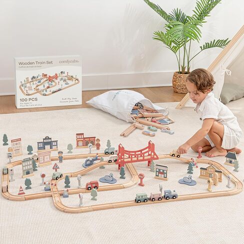 مجموعة قطارات خشبية مكونة من 30 قطعة من Comfy Cubs للأطفال الصغار من عمر سنة فما فوق، مجموعة قطارات للأطفال ممتعة وصديقة للبيئة مع مسارات ألعاب خشبية - مدينة الألعاب الإبداعية التي تعزز اللعب الخيالي بتكوين مرن in Kuwait