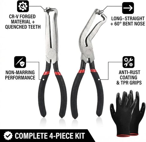 طقم كماشة موصل كهربائي 4 قطع من EasePicks، فولاذ عالي الكربون، قبضة TPR، وصول طويل للمساحات الضيقة، أدوات السيارات للسيارات / الدراجات النارية / الشاحنات / البحرية، المتحمسين DIY in Kuwait