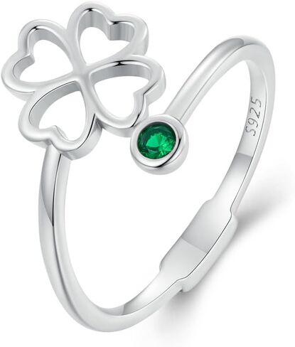 Luck Four Leaf Clover Stacking Statement Ring 925 Sterling Silver Adjustable Ring for Women Green Emerald Crystal Cute Heart Love Irish Shamrock Flower Open Wrap Finger Rings Birthday St Patricks Day in Saudi Arabia