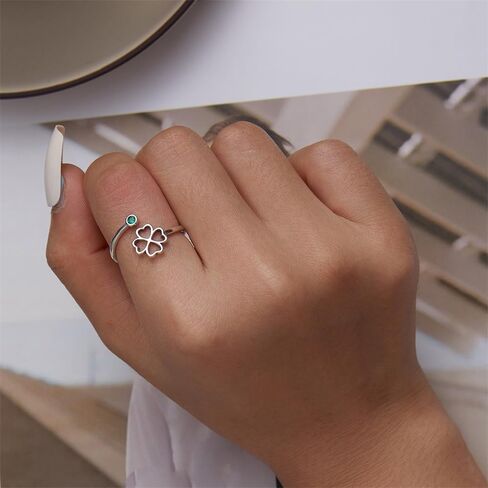 Luck Four Leaf Clover Stacking Statement Ring 925 Sterling Silver Adjustable Ring for Women Green Emerald Crystal Cute Heart Love Irish Shamrock Flower Open Wrap Finger Rings Birthday St Patricks Day in Saudi Arabia