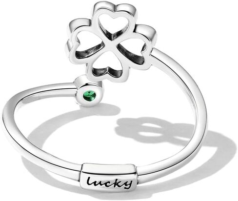 Luck Four Leaf Clover Stacking Statement Ring 925 Sterling Silver Adjustable Ring for Women Green Emerald Crystal Cute Heart Love Irish Shamrock Flower Open Wrap Finger Rings Birthday St Patricks Day in Saudi Arabia