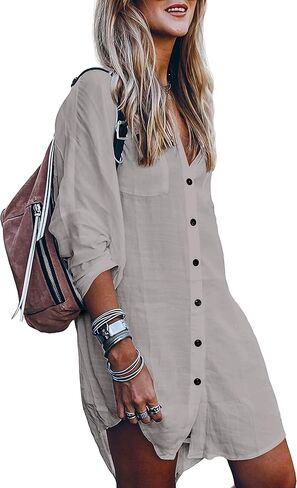 POGTMM Women's Swimsuit Cover Up Summer Beachwear Button Down Shirt Bikini Bathing Suit Beach Coverup Mini Dresses in Kuwait