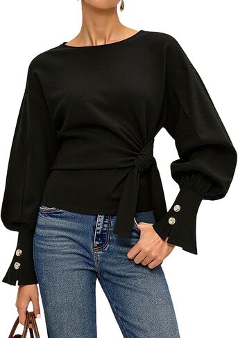 Twist Knot Tie Front Sweatshirt Tops For Women Long Balloon Sleeve Crew Neck Pullover Casual Fall Outfits in Kuwait