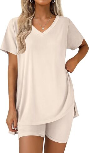 Ekouaer Pajamas for Womens Set 2 Piece Lounge Set Lightweight Summer Pjs Biker Shorts Sets V-Neck Tops Matching Outfits Set in Kuwait