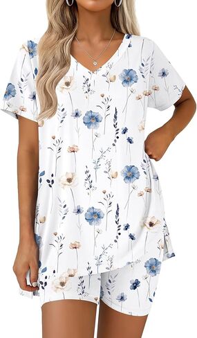Ekouaer Pajamas for Womens Set 2 Piece Lounge Set Lightweight Summer Pjs Biker Shorts Sets V-Neck Tops Matching Outfits Set in Saudi Arabia