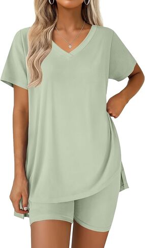Ekouaer Pajamas for Womens Set 2 Piece Lounge Set Lightweight Summer Pjs Biker Shorts Sets V-Neck Tops Matching Outfits Set in Saudi Arabia