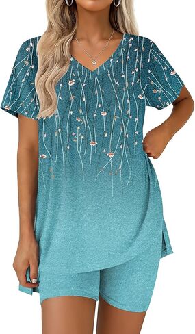 Ekouaer Pajamas for Womens Set 2 Piece Lounge Set Lightweight Summer Pjs Biker Shorts Sets V-Neck Tops Matching Outfits Set in Saudi Arabia