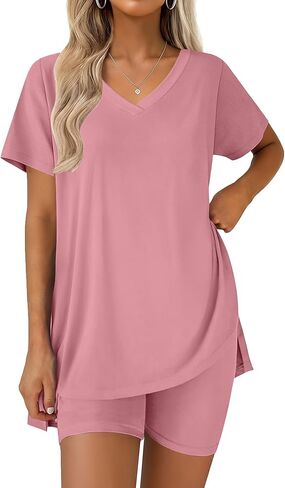 Ekouaer Pajamas for Womens Set 2 Piece Lounge Set Lightweight Summer Pjs Biker Shorts Sets V-Neck Tops Matching Outfits Set in Saudi Arabia