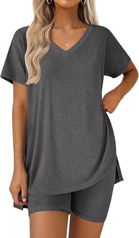 Ekouaer Pajamas for Womens Set 2 Piece Lounge Set Lightweight Summer Pjs Biker Shorts Sets V-Neck Tops Matching Outfits Set in Saudi Arabia