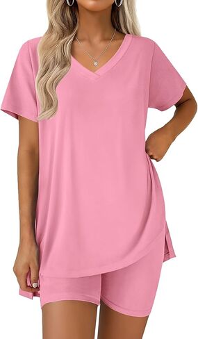 Ekouaer Pajamas for Womens Set 2 Piece Lounge Set Lightweight Summer Pjs Biker Shorts Sets V-Neck Tops Matching Outfits Set in Saudi Arabia