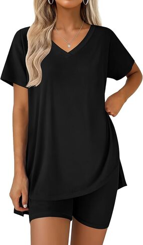 Ekouaer Pajamas for Womens Set 2 Piece Lounge Set Lightweight Summer Pjs Biker Shorts Sets V-Neck Tops Matching Outfits Set in Saudi Arabia