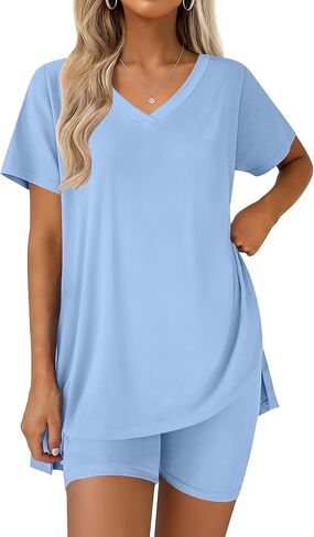 Ekouaer Pajamas for Womens Set 2 Piece Lounge Set Lightweight Summer Pjs Biker Shorts Sets V-Neck Tops Matching Outfits Set in Saudi Arabia