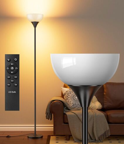 luckystyle Torchiere Floor Lamp,1200LM Dimmable Standing Lamps with Remote and Foot Switch,Custom Color Temperature Super Bright Tall Lamp for Living Room Bedroom Office,Floor Light with 12W LED Bulb in Kuwait