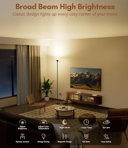 luckystyle Torchiere Floor Lamp,1200LM Dimmable Standing Lamps with Remote and Foot Switch,Custom Color Temperature Super Bright Tall Lamp for Living Room Bedroom Office,Floor Light with 12W LED Bulb in Kuwait
