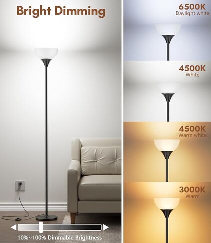 luckystyle Torchiere Floor Lamp,1200LM Dimmable Standing Lamps with Remote and Foot Switch,Custom Color Temperature Super Bright Tall Lamp for Living Room Bedroom Office,Floor Light with 12W LED Bulb in Kuwait