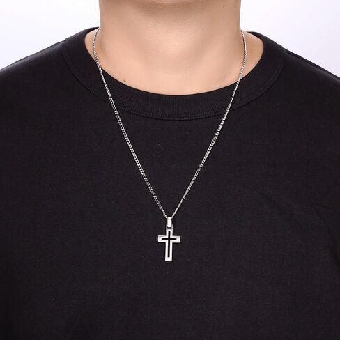 Metro Jewelry Stainless Steel Carved Cross Pendant for Men on 24 Inches Long Curb Chain in Saudi Arabia