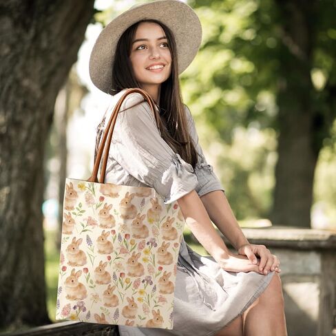 زهرة التوليب أرنب حمل الحقائب الهدايا الدينية للنساء الربيع الأرنب قماش حمل حقيبة الجمالية، هدايا عيد الفصح للنساء، الأرانب عاشق البقالة حقيبة يد للتسوق -V09 in Kuwait