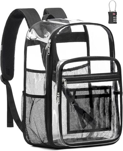 حقيبة ظهر شفافة كبيرة جدًا مع قفل TSA، حقيبة كتب شفافة شديدة التحمل للكلية والعمل والسفر والرياضة غير الرسمية، باللون الأسود in Kuwait