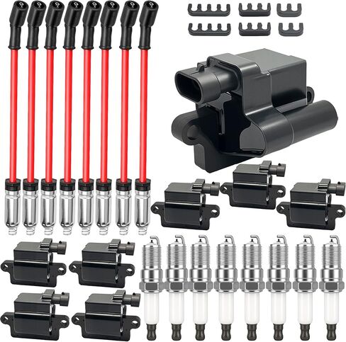 Set Square Ignition Coil Platinum Spark Plug and Red Spark Plug Wires fit for Chevy Silverado Suburban Tahoe Hummer Avalanche Savana Sierra Yukon 1500 2500 3500 H2 4.8L 5.3L 6.0L for UF271 748EE 41962 in Saudi Arabia