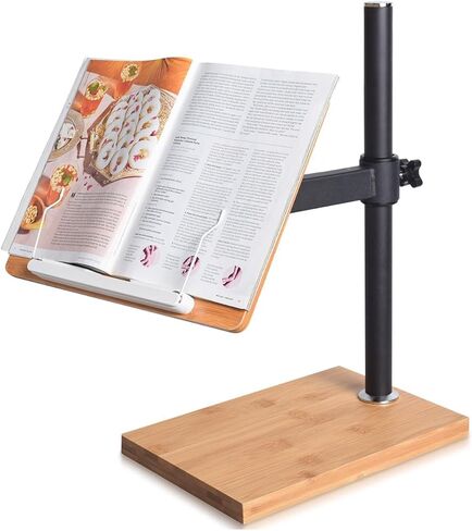 حامل كتاب Wishacc قابل للتعديل - حامل وحامل كتب من الخيزران للقراءة بدون استخدام اليدين، ارتفاع قراءة قابل للتعديل لسطح المكتب ومسند للكتاب بزاوية مع مشابك للصفحة in Kuwait