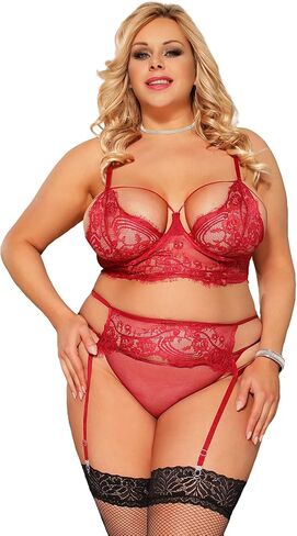 Women’s Plus Size Lingerie Set 3Pcs Sexy Sheer Garter Lingerie Adjustable Underwire Bra and Panty Set with Removable Garter in Saudi Arabia