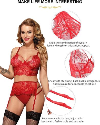 Women’s Plus Size Lingerie Set 3Pcs Sexy Sheer Garter Lingerie Adjustable Underwire Bra and Panty Set with Removable Garter in Saudi Arabia
