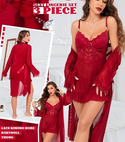 MOOLIGIRL Women's Lingerie Set 3 Piece, Red Babydoll with Robe Adjustable Spaghetti Straps, Sheer Mesh Robe with Belt, Chemise Slip Dress Lingerie for Women, Large Size in Saudi Arabia