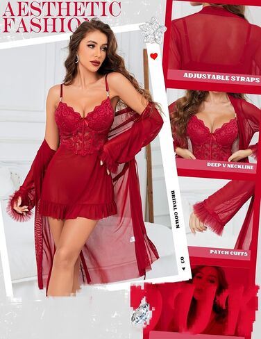 MOOLIGIRL Women's Lingerie Set 3 Piece, Red Babydoll with Robe Adjustable Spaghetti Straps, Sheer Mesh Robe with Belt, Chemise Slip Dress Lingerie for Women, Large Size in Saudi Arabia