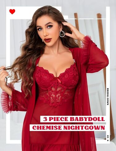 MOOLIGIRL Women's Lingerie Set 3 Piece, Red Babydoll with Robe Adjustable Spaghetti Straps, Sheer Mesh Robe with Belt, Chemise Slip Dress Lingerie for Women, Large Size in Saudi Arabia