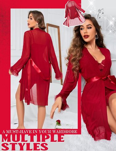 MOOLIGIRL Women's Lingerie Set 3 Piece, Red Babydoll with Robe Adjustable Spaghetti Straps, Sheer Mesh Robe with Belt, Chemise Slip Dress Lingerie for Women, Large Size in Saudi Arabia