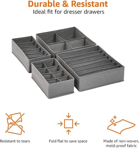 Amazon Basics Dresser Drawer Storage Organizer for Undergarments, Set of 4, Gray | Set of 4 in Kuwait