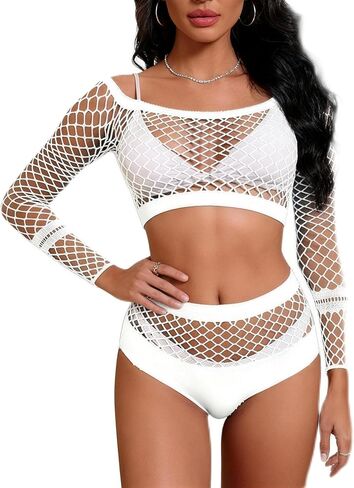 DITSONEO Sexy Lingerie for Women Naughty Fishnet Lingerie Set Bodysuit Outfits Teddy Babydoll Erotic Fishing net Outfits in Kuwait