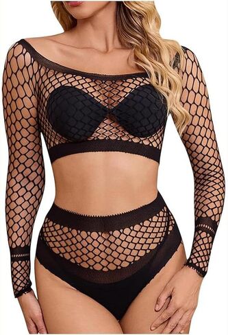 DITSONEO Sexy Lingerie for Women Naughty Fishnet Lingerie Set Bodysuit Outfits Teddy Babydoll Erotic Fishing net Outfits in Kuwait