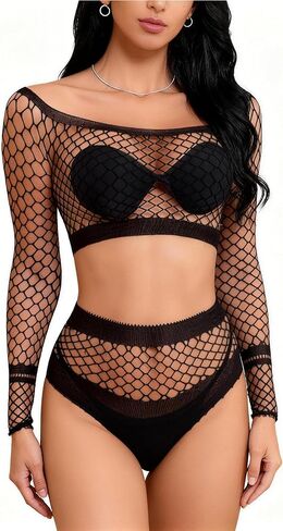 DITSONEO Sexy Lingerie for Women Naughty Fishnet Lingerie Set Bodysuit Outfits Teddy Babydoll Erotic Fishing net Outfits in Kuwait