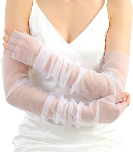 1 Pair Long White Wedding Gloves, Tulle Sleeves Sheer Tulle Fingerless Bridal Gloves Detachable Sheer Party Opera Elbow Length Glove for Women Girls Wedding Bridal Dance Party in Saudi Arabia